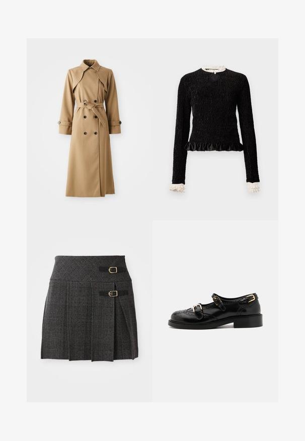 Šviesiai smėlinis trikampis paltas su dvigubais mygtukais, plačiu apykakle, dirželiu liemeniui ir ilgomis rankovėmis. Pasižymi raštuota medžiaga ir mygtukų akcentais.; Juodas ilgomis rankovėmis viršus su tekstūruotu audiniu, raukiniais apatinėje dalyje ir baltais raukiniais prie apykaklės ir rankogalių. Yra centrinis užsegimas su kilpele.; Pilkos langeliais sijonas su prigludusia juosmens linija, papuoštas dviem sagtelėmis ir klostėmis. Pagamintas iš tekstūruotos medžiagos su audiniu.; Juodi odiniai batai su brogučių detalėmis, turintys dvi sagtis, apvalų nosį ir žemą kulną. Lygus paviršius su blizgiu finišu.