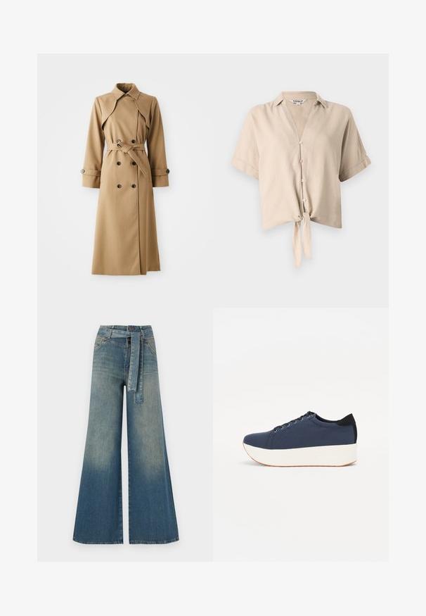 Šviesiai smėlinis trikampis paltas su dvigubais mygtukais, plačiu apykakle, dirželiu liemeniui ir ilgomis rankovėmis. Pasižymi raštuota medžiaga ir mygtukų akcentais.; Šviesiai ruda trumpa marškinė su trumpomis rankovėmis, vertikaliu apykakle, mygtukų uždarymu ir pririštu mazgu priekyje. Pagaminta iš lengvos medžiagos.; Platus džinsinis kelnes su šviesiai tamsiai mėlynu gradientu, aukštu juosmeniu, diržo kilpomis ir atitinkančiu audinio diržu. Textūruotas džinsinis paviršius.; Tamsiai mėlynas sportinis batelis su tekstūruotu audiniu viršuje, baltu platformos padu, apvaliu pirštu ir juodu kulno akcentu.š. Yra šešios skylės raišteliams.