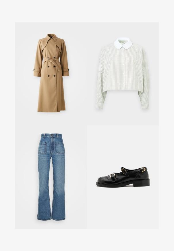 Homokszínű trench kabát dupla gombolással, széles gallérral, övvel ellátott derékkal és hosszú ujjakkal. Mintázott anyaggal és gomb díszítéssel rendelkezik.; Rövidített gombos ing világoszöld és fehér kockás mintázatban. Fehér gallérral és gombos mandzsettával ellátott hosszú ujjakkal rendelkezik. Puha anyag.; Magas derekú kék farmernadrág, szélesített lábbal, két elülső zsebbel és két hátsó zsebbel; texturált anyag, kopott hatású mosással.; Fekete bőrcipők brogue díszítéssel, két csattal, lekerekített orral és alacsony sarokkal. Simább felület fényes kivitelben.
