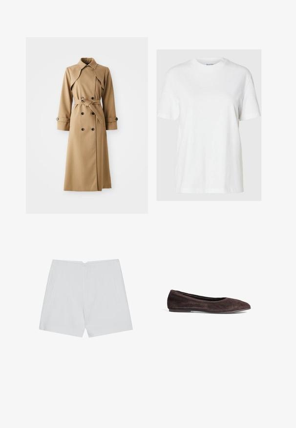 Bež plašč s dvojno zapenjanjem, širokim ovratnikom, pasom in dolgimi rokavi. Ima vzorčasto tkanino in poudarjene gumbe.; Bela bombažna majica s kratkimi rokavi in okroglim izrezom. Ima sproščen kroj in minimalen dizajn brez vzorcev ali dodatkov.; Bele hlače s prilagojenim dizajnom, ravnim sprednjim delom, dvema stranskima žepoma in čistim robom. Narejene iz gladkega materiala brez vidnih vzorcev.; Rjavi zamšasti baletni čevlji s koničastim prstom in nizkim profilom. Imajo gladko teksturo in minimalističen dizajn. Brez vidnih kovinskih delov ali okraskov.