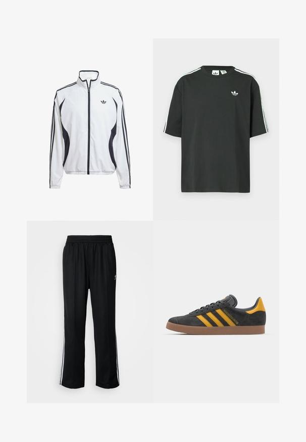Hvit treningsjakke laget av lett stoff, med svarte sideakenter, tre svarte striper på ermene, og en liten logo på brystet.; Svart t-skjorte i bomull med korte ermer, rund hals og hvite trestripesdetaljer på skuldrene. Har en liten hvit logo på brystet.; Sorte treningsbukser med elastisk midjebånd, med hvite sidestiper og en liten logo. Materialet ser mykt og lett ut.; Sort skinnesko i svart semsket skinn med gule detaljer, med tre striper og en brun gummisåle. Inkluderer en polstret tunge for komfort.