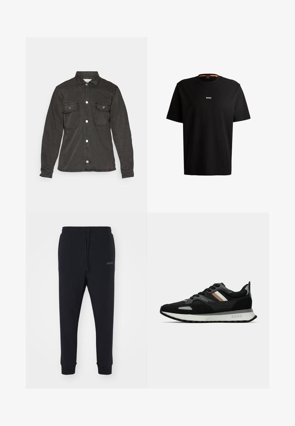 Juodas džinsinis švarkas su ilgomis rankovėmis, mygtukais priekyje, dviem krūtinės kišenėmis su atvartais ir klasikinis apykaklės dizainas. Lygi tekstūra su nudilusiomis detalėmis.; Juodas medvilnės marškinėliai su apvaliu iškirpimu, trumpomis rankovėmis ir baltu "BOSS" logotipu, esant centruojamam ant krūtinės. Sklandžiai jaučiasi, patogus siluetas.; Juodos sportinės kelnės, pagamintos iš minkštos medžiagos, su elastinga juosta, raišteliu ir aptemptomis kojomis. Šone yra mažas logotipas.; Juodas bėgimo batelis su struktūrizuota paviršiumi, šviesiai pilkomis akcentais ir trimis horizontaliosiomis rudo atspalvio juostomis. Savyje turi baltą paminkštintą padu.