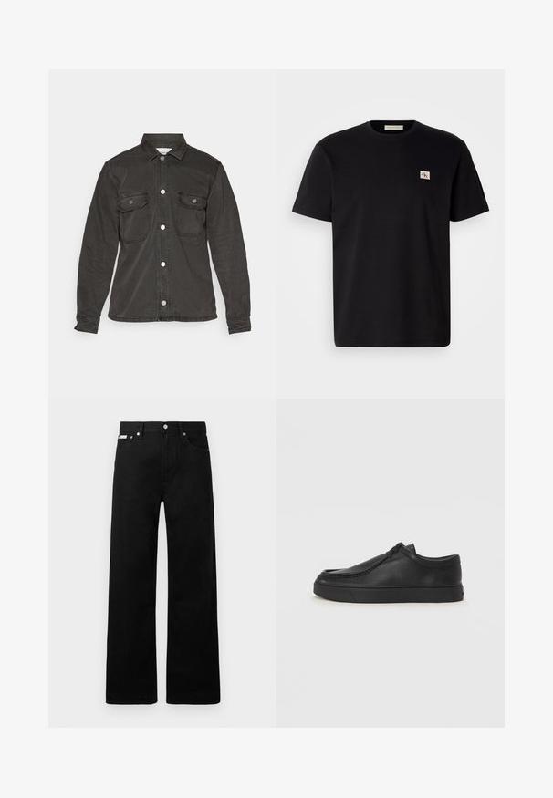 Mustat farkkutakki pitkilla hihoilla, napitettava etuosa, kaksi rintataskua läpillä ja perinteinen kaulus. Siisti pinta haalistuneella viimeistelyllä.; Musta puuvillapaita lyhyillä hihoilla, pyöreällä kauluksella ja pienellä kirjailulla vasemmassa rinnassa. Sujuva pinta, normaali malli.; Mustat farkut leveällä lahkeella, joissa on viisi taskua ja metalliset napit. Sileä pinta, ei näkyviä kuvioita.; Musta nahkainen slip-on-kengät pyöristetyllä varvalla, tikattu yksityiskohta ja musta kumipohja. Sileä pinta ja minimalistinen muotoilu.