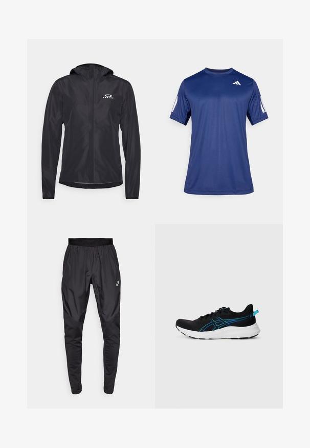 Svart, lett jakke laget av glatt, vannavstøtende stoff. Har hette og en hvit logo på øverste venstre side.; Marineblå, kortermet treningstrøye laget av glatt stoff, med rund hals og en hvit logodetalj på øverste venstre bryst.; Svarte treningsbukser med elastisk midjebånd, sidelommer og kontrasterende teksturpaneler på bena. Asics-logo på hoften.; Sort svarte treningssko med en pustende nettingoverdel, blå detaljer, polstret hvit såle og en teksturert overflate for grep. Har snøring og hæltass.
