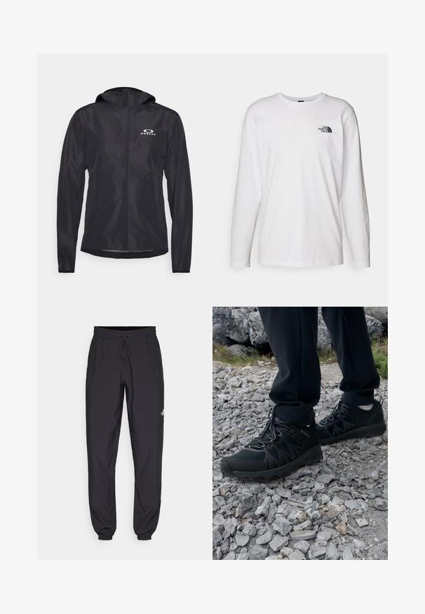 Chaqueta negra ligera fabricada con un tejido suave y resistente al agua. Presenta capucha y un logo blanco en la parte superior izquierda.; Camiseta de manga larga blanca de algodón con cuello redondo. Presenta un pequeño logotipo negro en el pecho. Textura suave, corte regular.; Pantalones deportivos negros hechos de un tejido ligero, con una cinturilla ajustable, bolsillos laterales y puños ajustados en los tobillos.; Zapatos exteriores negros con malla y material sintético, que presentan un upper texturizado, un sistema de cordones seguro y una suela robusta, sobre terreno rocoso.
