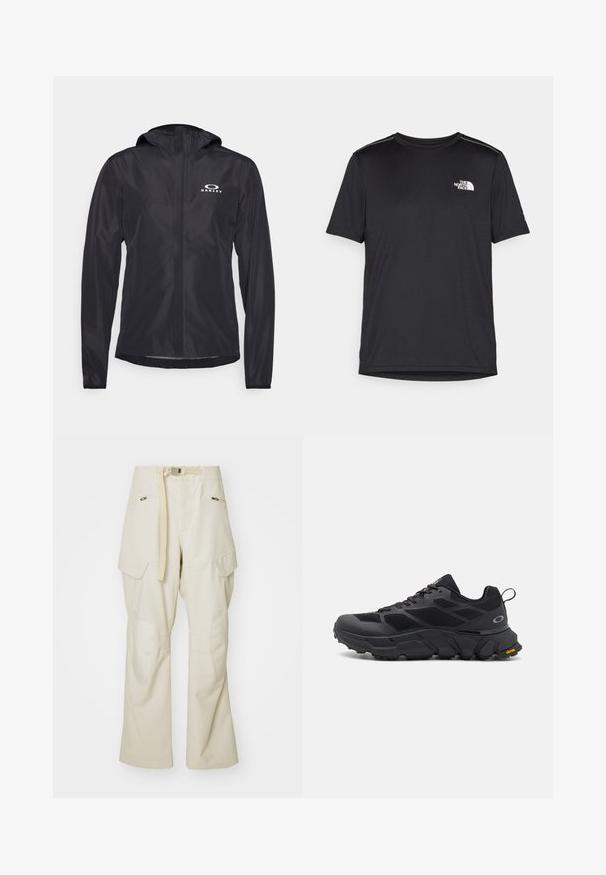 Black lightweight jacket made of smooth, water-resistant fabric. Features a hood and a white logo on the upper left side.; Black short-sleeve T-shirt made from lightweight fabric. Features a small white logo on the left chest and subtle shoulder accents.; Beige cargo pants with a wide leg, belted waist, two side pockets, and knee patches. Smooth texture with reinforced stitching details.; Black athletic shoes with a chunky sole, mesh and synthetic upper, textured accents, and Vibram branding on the outsole.