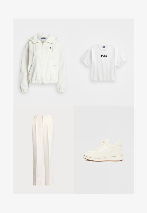 Polo Ralph Lauren COTTON NYLON UNLINED WINDBREAKER - Corta-vento - deckwash white; T-shirt branca de algodão com mangas curtas, apresentando um logótipo em bordado preto "POLO" na parte da frente. Design simples e rectangular.; Polo Ralph Lauren HEMP WIDE LEG PANT - Calças - nevis; Ténis brancos com design texturizado, biqueira arredondada, fecho de atacadores e salto cunha realçado por uma faixa dourada. Sola em borracha.