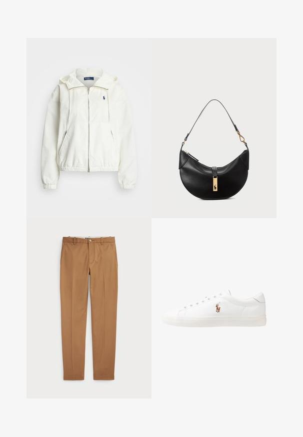 Polo Ralph Lauren COTTON NYLON UNLINED WINDBREAKER - Neperpučiamoji striukė - deckwash white; Juodas medvilnės marškinėlis su apvalia iškirpte, trumpomis rankovėmis ir balta siuvinėta logo kairėje krūtinės pusėje. Lygus tekstūrinis audinys, neformalus dizainas.; Rudos medvilnės kelnes su siauru siluetu, lygiu priekiu ir standartinėmis kišenėmis; sklandžios tekstūros ir apkarpytais rankogaliais.; Baltos odinės sportbačiai, žemo profilio, su lygia tekstūra, apvalia nosimi, raištelių sistema priekyje ir mažyte siuvinėta logo šone.; Juodos odos rankinė pusmėnulio forma. Papuošta auksinėmis detalėmis ir siaura juosta. Lygi tekstūra, užtrauktuko uždarymas viršuje.