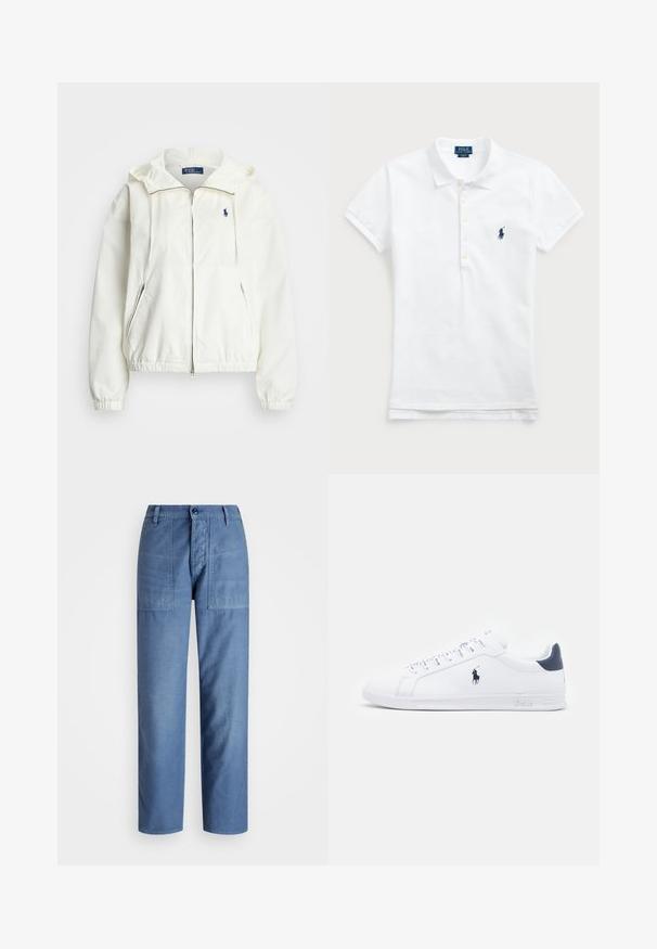 Polo Ralph Lauren COTTON NYLON UNLINED WINDBREAKER - Neperpučiamoji striukė - deckwash white; Balta medvilninė polo marškinėliai su klasikiniu apykaklės dizainu, trumpomis rankovėmis ir tamsiai mėlynu siuvinėtu logotipu kairėje krūtinės pusėje. Penkių mygtukų užtrauktukas.; Šviesiai mėlyni džinsai su tiesiu sijonu, turintys dvi priekinės kišenes ir mygtuko užsegimą liemenyje. Lygus paviršius.; Baltos odinės sportbačiai su lygiu paviršiumi, tamsiai mėlyni akcentai ir mažas logotipas šone. Yra plokščios raišteliai ir tekstūruotas gumos padas.