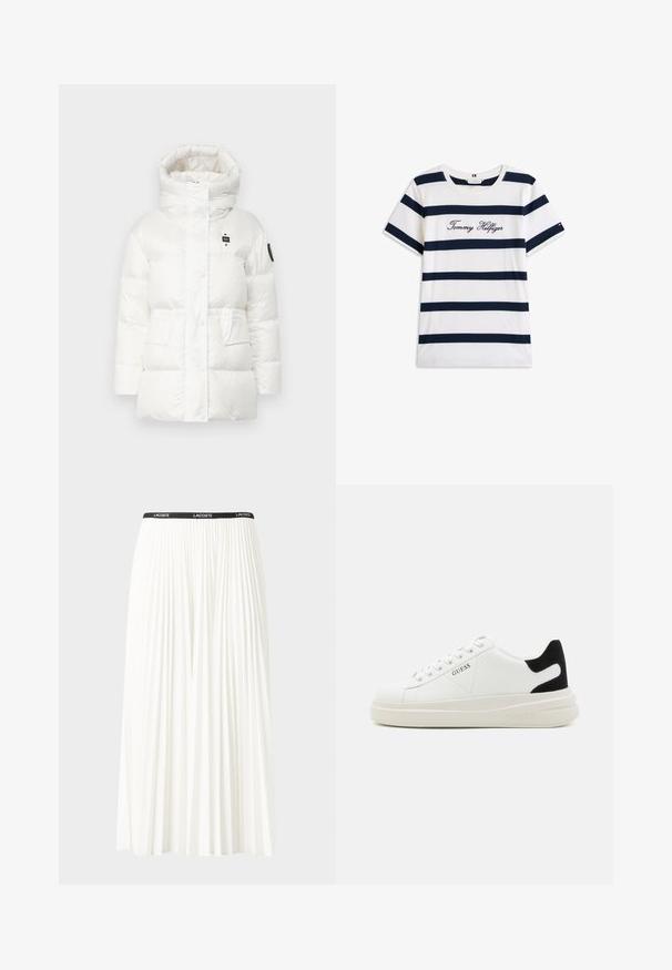Balta pūkainā jaka ar augstu apkakli, lieliem pildītiem iedaļām un pogu aizdari priekšā. Tajā ir divas priekšējās kabatas un logotipa uzšuvums uz piedurknes.; Kokvilnas T-krekls ar horizontālām tumši zilām svītrām uz balta fona. "Tommy Hilfiger" izšūts skriptā uz krūšu daļas. Cauruma apkakle.; Gari plānas baltas svārku ar melnu elastīgu jostu, uz kuras redzams "LACOSTE" logo. Vidēja garuma dizains ar mīkstu tekstūru.; Baltas ādas sporta apavi ar biezu balto zoli, melna zamša uzpura un izspiestais logotips sānos. Šņorējuma dizains ar sešiem acu caurumiem.
