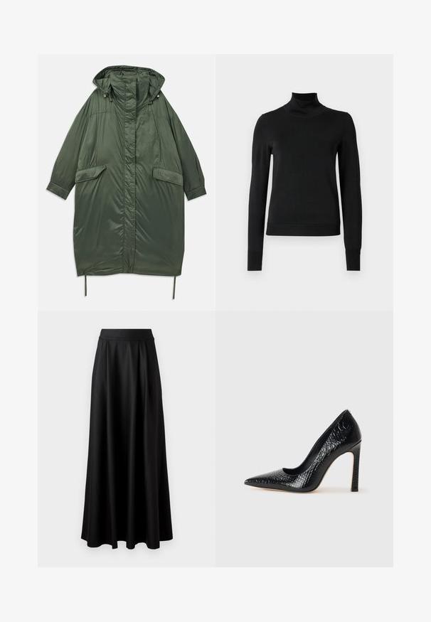 Olive green oversized puffer coat with a hood, snap buttons, two front pockets, and adjustable drawstring at the hem. Smooth, shiny texture.; Black long-sleeve turtleneck sweater with ribbed cuffs and hem, displayed on a plain white background.; Black, floor-length skirt with a smooth texture, wide waistband, and pleated design, featuring no visible patterns or embellishments.; Black pointed-toe high heel shoe with a crocodile-skin texture, featuring a sleek design, high stiletto heel, and smooth black interior.