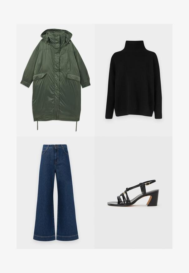 Geacă puffer supradimensionată de culoare verde măslinie, cu glugă, nasturi tip snap, două buzunare frontale și șnur ajustabil la tiv. Textură netedă, lucioasă.; Pulover negru tricotat, cu guler înalt cu dungi groase, umeri lăsați și croială lejeră. Are manșete și tiv cu dungi groase pentru textură.; Jeans din denim albastru cu picioare largi și talie înaltă, având închidere cu buton, bucle pentru curea și detalii discrete de cusut pe buzunare și la tivuri.; Paul Smith AMIRA - Pantofi clasici cu toc - black