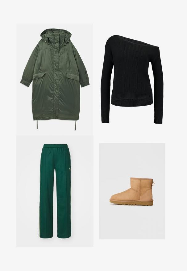 Oliven grøn oversized pufferjakke med hætte, trykknapper, to forlommer og justerbar snor i kanten. Glat, skinnende tekstur.; Sort striktrøje med asymmetrisk halsudskæring, lange ærmer og ribbet struktur med en afslappet pasform og kant.; Mørkegrønne træningsbukser med en afslappet pasform, der har snor i taljen, sidelommer og cremefarvede striber langs siderne.; Brune suede ankelstøvle med rund tå, stikninger, en pull tab bagpå og en tekstureret gummisål. Designet til komfort og varme.