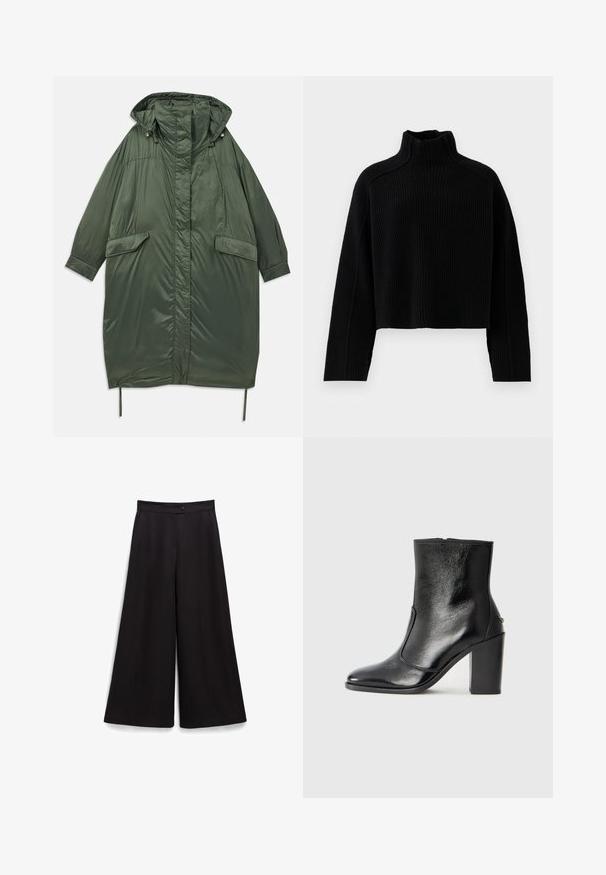 Alyvuogių žalia per didelis pūkinis paltas su gaubtu, spaustukais, dviem priekinėmis kišenėmis ir reguliuojama virvele apačioje. Lygus, blizgus paviršius.; Juodas šonkaulinis megztinis su aukštu kaklu ir trumpu kirpimu, su ilgomis rankovėmis ir tekstūruotu paviršiumi.; Juodi plačių kojų kelnių dizainas su lygiu paviršiumi, užsegimu mygtuku liemens srityje ir laisvu siluetu. Nėra matomų raštų ar akcentų.; Juodas odinis kulkšninis batas su lygiu paviršiumi, smailiu pirštu ir masyviu aukštu kulnu. Savybė - šoninis atidarymas ir minimalistiškas dizainas.