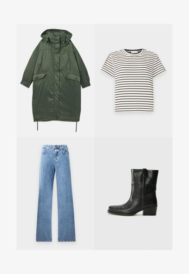 Olivově zelený nadměrný péřový kabát s kapucí, patentními knoflíky, dvěma předními kapsami a nastavitelnou šňůrkou na spodním okraji. Hladká, lesklá textura.; Bavlněné tričko s krátkým rukávem a kulatým výstřihem, s černými vertikálními pruhy na bílém pozadí a s rovného střihu.; Světle modré džíny s širokým střihem, pěti kapsami, poutky na opasek a zapínáním na knoflík. Látka má hladkou texturu.; Černá kožená kotníková bota s kulatou špičkou, blokovým podpatkem, bočním zipem a prošíváním na svršku. Hladký povrch, klasický design.