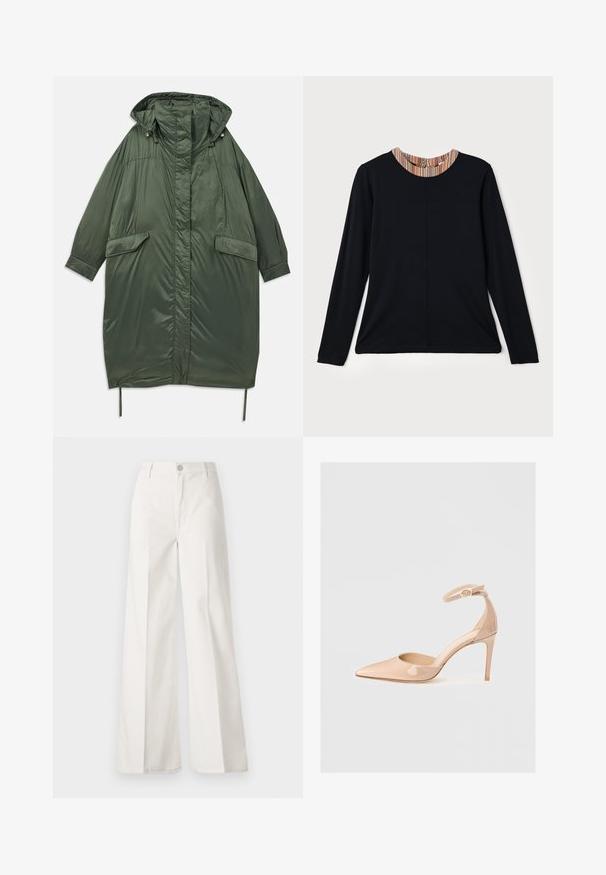 Olivgrön oversized puffjacka med huva, tryckknappar, två framfickor och justerbar dragsko i nederkant. Slät, glänsande textur.; Svart långärmad topp med rund halsringning som har en flerfärgad randig detalj vid kragen. Slät tyg med en avslappnad passform.; Vita vida-byxor gjorda av bomull med en slät textur. Har en framknapp, gylf med dragkedja och fyra fickor.; Nackens patentläder skon med spetsig tå, ankelrem och stilettklack, med en slät yta och minimalistisk design.