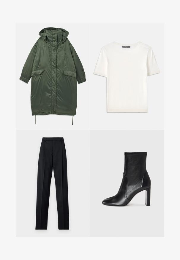 Casaco puffer oversized verde oliva com capuz, botões de pressão, dois bolsos frontais e cordão ajustável na bainha. Textura lisa e brilhante.; Top de malha branco, de mangas curtas, com decote redondo, apresentando uma textura suave e discretos realces canelados nas mangas e na barra.; Calças pretas feitas de um tecido suave, com uma cintura alta, pernas largas, pregas frontais e passadores de cinto clássicos. Não há bolsos laterais visíveis.; Bota de tornozelo em couro preto com um design elegante, bico pontudo e um alto salto bloco. Apresenta uma textura suave e um detalhe de costura minimalista.
