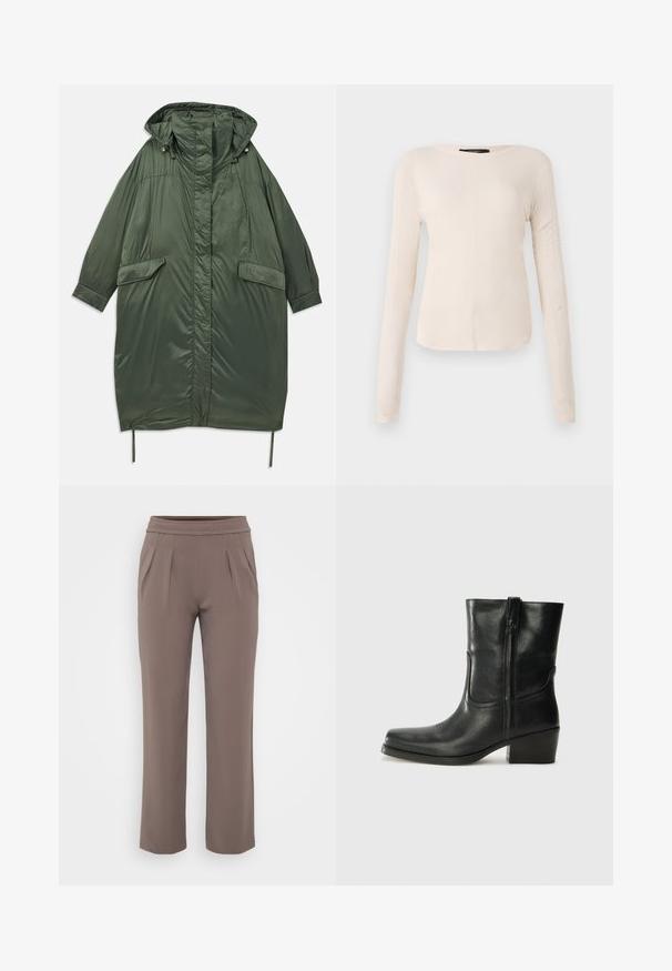 Olive roheline ülisuur puffer-jope, millel on kapuuts, nööbid, kaks esikotti ja reguleeritav nööriahe allservas. Sile, läikiv tekstuur.; Pikkade varrukatega helesinine topp ümmarguse kaelusega. Valmistatud pehmest kangast, sisaldab keskset õmblust ja kergelt kaardus serva. Ei ole nähtavat riistvara.; Taupe värvi lahtised püksid elastse vöökohtadega ja ees pleated, valmistatud siledast kangast.; Musta nahast pahkluu saabas ümarate varvastega, plokknäppu, külgsepa ja pealsetel õmblusest aktsentidega. Sile tekstuur, klassikaline disain.