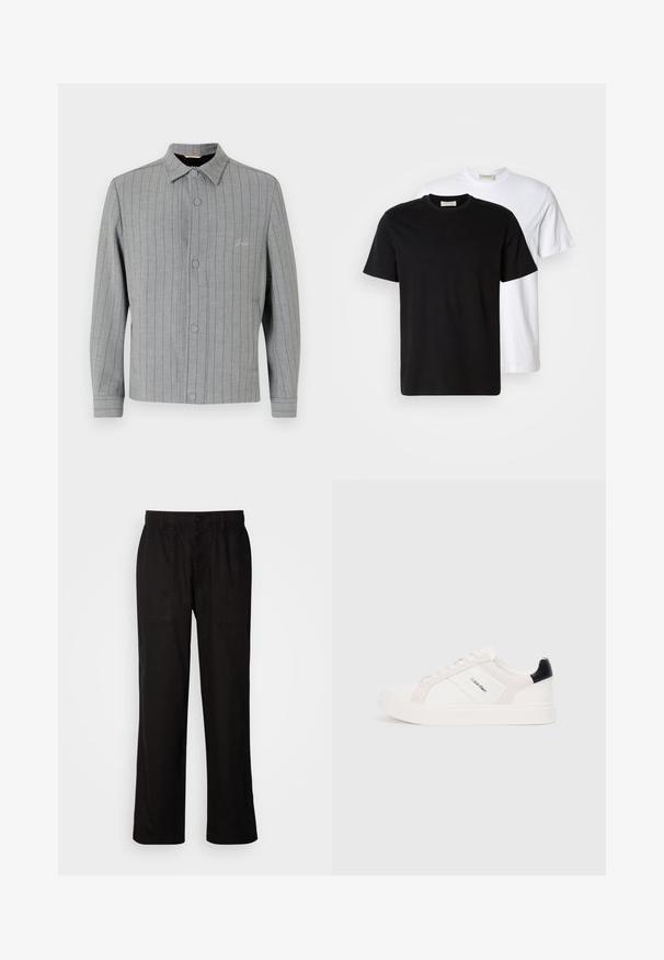 Szürke csíkos zakó gombos előrésszel, klasszikus gallérral és oldalsó zsebekkel. Finom varrás részletekkel és textúrált anyaggal rendelkezik.; Két sima pamut póló, egy fekete a fehér előtt, mindkettő rövid ujjú és kerek nyakú.; Fekete, laza szabású nadrág, könnyű anyagból készült. Rugalmas derékkal, gombos záródással és két elülső zsebbel rendelkezik.; Fehér sportcipők világos rózsaszín és fekete részletekkel, sima bőrből és velúrból készült panelek, kerek orr és lapos gumitalp.