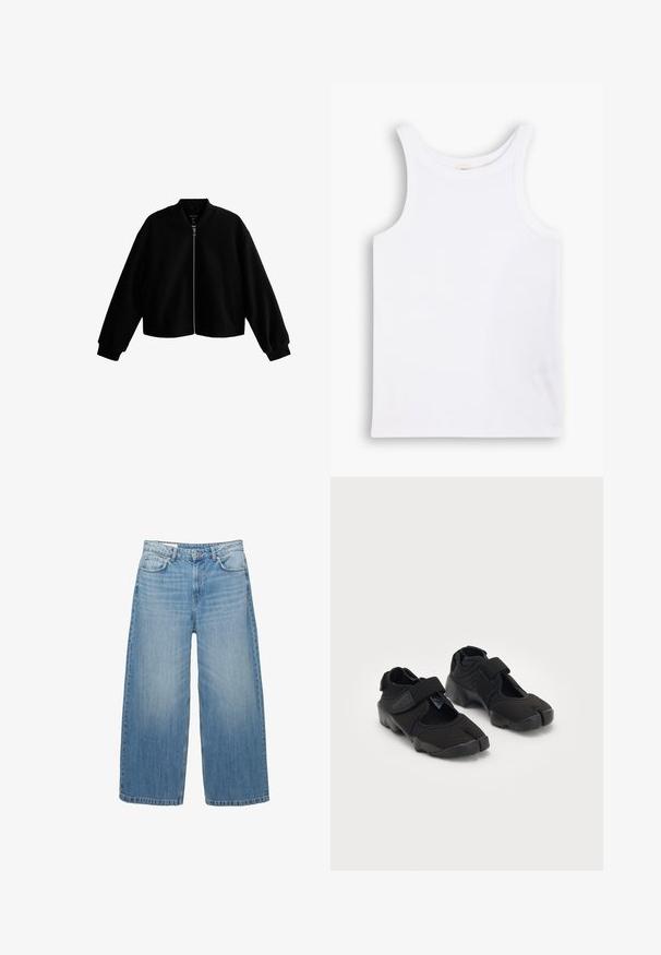 Czarna krótka kurtka bomberka z okrągłym dekoltem, zamkiem błyskawicznym z przodu i bocznymi kieszeniami. Wykonana z gładkiego materiału, z prążkowanymi mankietami i dołem.; Biała bawełniana koszulka na ramiączkach z szerokimi paskami, okrągłym dekoltem i gładką, prążkowaną strukturą. Brak wzorów i akcentów.; Jasnoniebieskie dżinsy o szerokich nogawkach, wykonane z denimu, charakteryzujące się klasycznym pięciopocketowym fasonem i zapięciem na guzik. Przez cały materiał widoczny jest efekt wypłowienia.; Czarne buty wodne wykonane z elastycznego materiału z zapięciem na rzep, charakteryzujące się unikalnym podziałem palców oraz teksturowaną gumową podeszwą zapewniającą przyczepność.