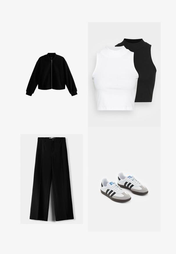 Svart croppad bomberjacka med rund halsringning, frontdragkedja och sidofickor. Tillverkad av slät tyg med ribbade ärmslut och nederkant.; Två ärmlösa ribbade polotröjor i svart och vitt, med en figursydd design och slät textur, i en kortad längd.; Svarta vida byxor i lätt material, med knappstängning fram och platt front, samt väl sydda fållar.; Sportskor med överdel i vit läder, grå mocka på tårna och tre svarta ränder. Har en blå logotyp på tungan och en texturerad gummisula.