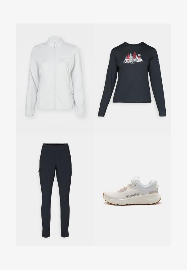 Hellgraue Zip-Jacke mit Stehkragen, langen Ärmeln, Seitentaschen und einem dezenten Logo auf der linken Brust. Angenehm glatter, elastischer Stoff.; Dunkelgraues Langarmshirt mit einem Grafikdesign von roten Bäumen und Bergen; das "COLUMBIA"-Logo in fett weißer Schrift. Weicher Stoff, klassischer Rundhalsausschnitt.; Schwarze Sporthose im Slim-Fit, mit elastischem Bund und einer seitlichen Gesäßtasche mit Reißverschluss. Glattes, dehnbares Material mit minimalen Nähten.; Leichter Columbia Sportschuh aus weißem Mesh mit einer strukturierten grauen Sole und Gummitraktion. Verfügt über einen gepolsterten Kragen und ein Schnürdesign.