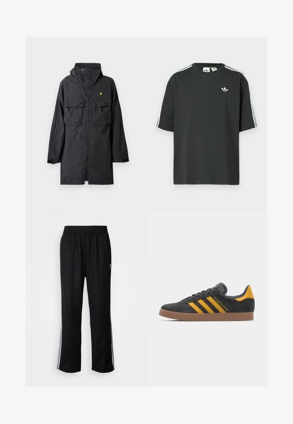 Sort regnjakke lavet af letvægtsmateriale, med to forlommer, knapdetaljer, hætte og et lille gult logo på brystet.; Sort bomulds-T-shirt med korte ærmer, rund hals og hvide tre-stribede detaljer på skuldrene. Har et lille hvidt logo på brystet.; Sorte træningsbukser med elastisk talje, der har hvide sidestænger og et lille logo. Materialet ser blødt og let ud.; Sort suedet sneaker med gule accenter, der har tre striber og en brun gummisål. Inkluderer en polstret tunge for komfort.