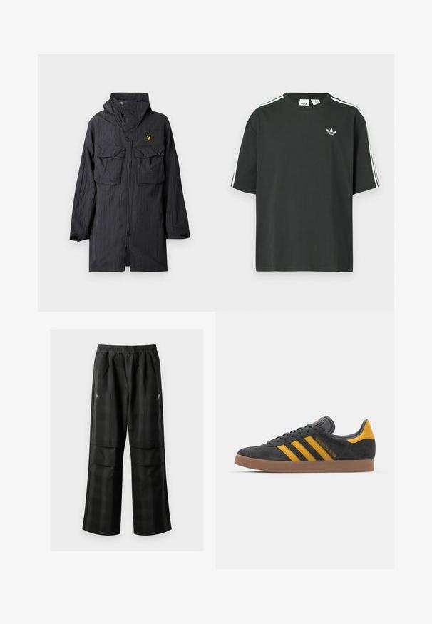 Schwarze Regenjacke aus leichtem Material, mit zwei Fronttaschen, Knopfdetails, einer Kapuze und einem kleinen gelben Logo auf der Brust.; Schwarzes Baumwoll-T-Shirt mit kurzen Ärmeln, Rundhalsausschnitt und weißen Dreistreifen-Details auf den Schultern. Verfügt über ein kleines weißes Logo auf der Brust.; Schwarze karierte Hosen mit elastischem Bund, zwei Fronttaschen und lockerer Passform im geraden Beinschnitt. Hergestellt aus leichtem Material.; Schwarze Wildledersneaker mit gelben Akzenten, ausgestattet mit drei Streifen und einer braunen Gummisohle. Enthält eine gepolsterte Zunge für zusätzlichen Komfort.