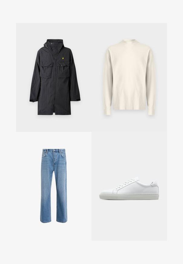 Crna kišna jakna od laganog materijala, s dvije prednje džepa, detaljima s gumbima, kapuljačom i malim žutim logotipom na prsima.; Duga rukava, majica s lažnim ovratnikom u svijetloj kremasto bijeloj boji od pamuka. Glatka tekstura, opušteni kroj, minimalistički dizajn, bez vidljivih uzoraka ili naglasaka.; Svijetloplave traperice s ravnim nogavicama, pet džepova, zatvaranjem na gumb, minimalnim izbljeđivanjem i kontrastnim šavovima.; Bijela tenisica s glatkim kožnim gornjim dijelom i niskim profilom. Ima zaobljen vrh, šest rupica za vezanje i teksturiranu gumenu podlogu.