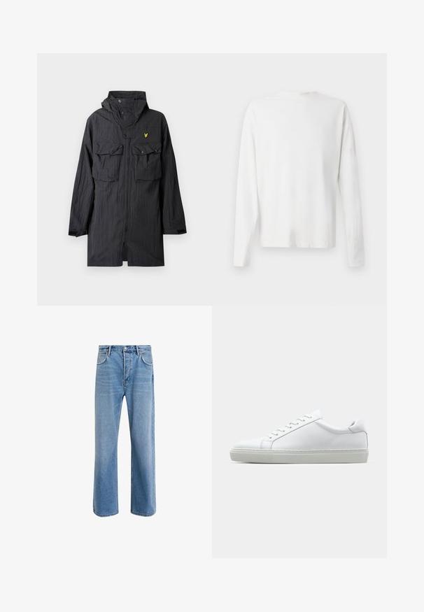 Zwarte regenjas van lichtgewicht materiaal, met twee voorzakken, knoopdetails, een capuchon en een klein geel logo op de borst.; Witte katoenen blouse met lange mouwen en een ronde halslijn, met zijsplitten aan de onderkant en een gladde textuur, vanuit de achterkant weergegeven.; Lichtblauwe denim jeans met een straight-leg ontwerp, vijf zakken, knoopsluiting, minimale vervaging en contrasterende stikseldetails.; Witte sneaker met een gladlederen bovenwerk en een laag profiel. Voorzien van een ronde neus, zes vetergaatjes en een gestructureerde rubberen zool.