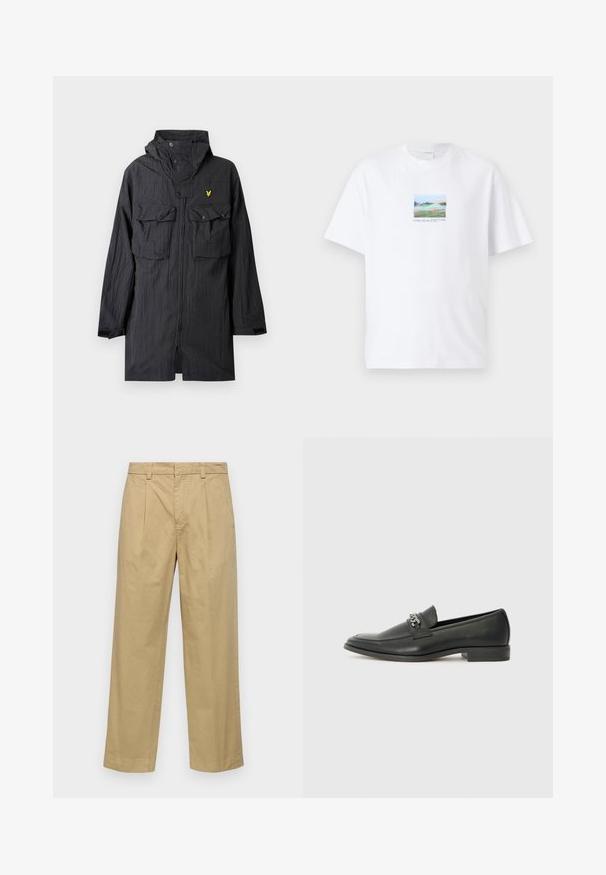 Crna kišna jakna od laganog materijala, s dvije prednje džepa, detaljima s gumbima, kapuljačom i malim žutim logotipom na prsima.; Bijela pamučna majica s kratkim rukavima i okruglim izrezom, na prednjoj strani s grafikom šarene krajolika u kvadratnom dizajnu.; Bežani pamučni hlače s ravnim krojem, s prednjim nabranim detaljima i bočnim džepovima. Tkanina ima glatku, meku teksturu.; Crna kožna loafer cipela s glatkom finišem, s ušivenim uzorkom i dekorativnim metalnim lancem preko prednjeg dijela. Ravni potplat.