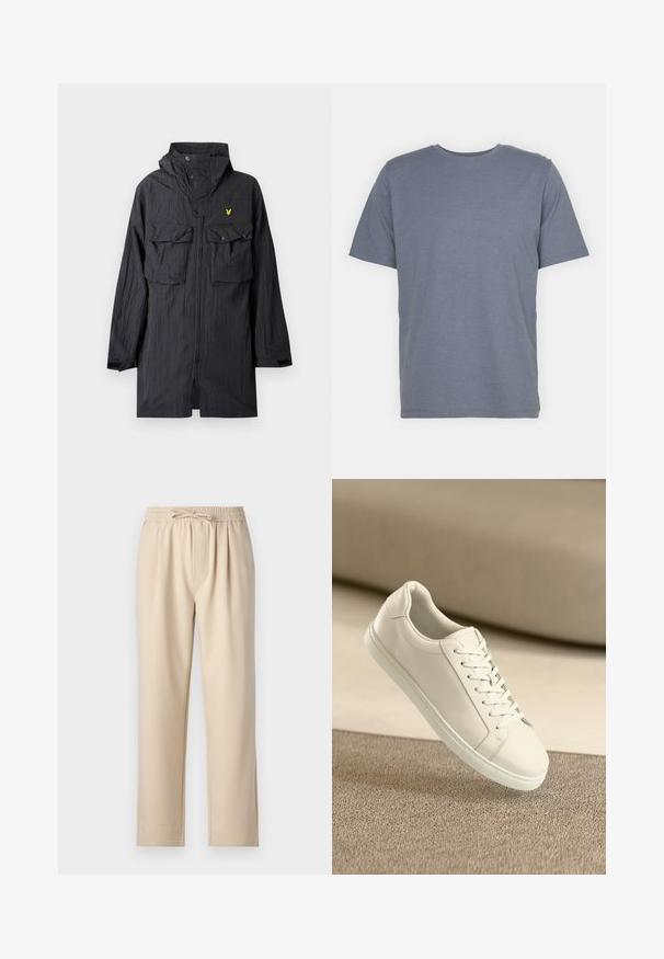 Chaqueta impermeable negra hecha de material ligero, con dos bolsillos delanteros, detalles con botones, capucha y un pequeño logo amarillo en el pecho.; Camiseta gris de manga corta con cuello redondo, hecha de una suave mezcla de algodón. Diseño simple, sin patrones ni acentos.; Pantalones beige con cintura elástica y cordón, diseño de pierna recta y textura de tela suave y lisa.; Zapatilla de cuero blanca con cordones blancos, exhibida sobre una superficie texturizada beige y un suave fondo desenfocado.
