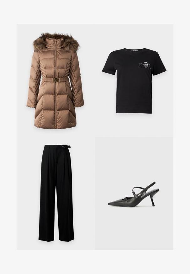 Brun polstret jakke med hette i faux pels, belte i midjen med en rund gullaccent, og diagonalt quiltet mønster på ermene.; Svart kortermet t-skjorte laget av bomull. Har et hvitt grafisk trykk med teksten "KARL" og en stilisert figur på brystet. Rund hals.; Svarte vide bukser med høy livlinje, folder foran og belte med spenne. Laget av glatt, lett materiale.; Sorte skinn slingback-hæler med spiss tå, slank hæl og dekorativ spenne detalj på vampsiden. Glatt tekstur og stilrent design.