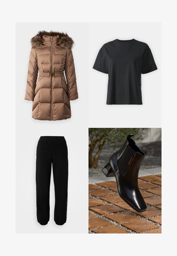 Pruun voodriga mantel, millel on vale karusnaha kapuuts, vööline talje, millel on ümmargune kuldne aksessuaar, ja diagonaalne tikand mustril varrukatel.; Must have lühikeste varrukatega puuvillane must T-särk, millel on lõdvestunud lõige ja kontrastne külgpanel, mis sisaldab väikest teksti ja kujunduselemente.; Mustad mustriga ja elastselt kinnitatud vöökohaga mustad dressipüksid. Valmistatud pehmest kangast, millel on vasakul jalal diskreetne disainielement.; Klongi must musta musta nahkast ankle saapad, millel on ploki konts, elastsed külgpanelid ja tõmbevale, hõljumas puidust plaadi ja kividest pinnasel õues.