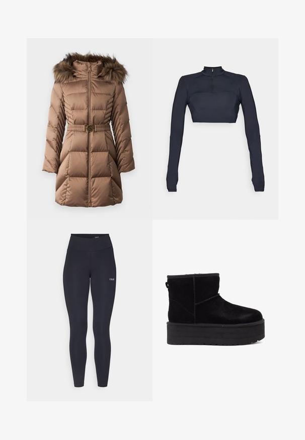 Brūns polsterēts mētelis ar mākslīgā kažoka kapuci, jostas vietu ar apaļu zelta akcentu un pa diagonāli quiltētu rakstu uz piedurknēm.; Tumši zils garām piedurknēm kruīza tops ar uzruna kakla izgriezumu un ceturtdaļas rāvējslēdzēju, ar teksturētām plecu paneļiem un pieguļošu siluetu.; Melnas legingi ar augstu jostu, izgatavoti no elastīga auduma, ar nelielu baltu logo uz augšstilba un gludu tekstūru.; Melni zamšas potītes zābaki ar biezu platformas zoli un mīkstu oderi. Pabeigti ar šuvju akcentiem un aizmugurējo cilpu vieglai uzvilkšanai.