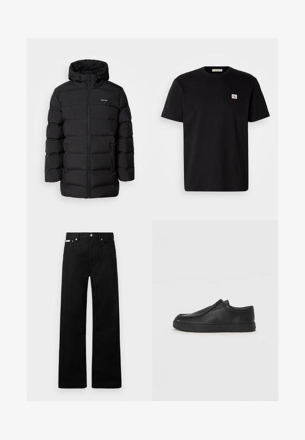 Juodas pūkų paltas su užtrauktuku priekyje, šnaruota kapuze, siuvinėta raštą ir ženklu kairėje krūtinės pusėje. Yra šoninės kišenės.; Juodas medvilnės marškinėliai su trumpomis rankovėmis, apvaliu kaklu ir mažu siuvinėtą logotipu kairėje krūtinės pusėje. Lygi tekstūra, reguliaraus kirpimo.; Juodos džinsinės kelnės su plačiu kojų dizainu, turinčios penkias kišenes ir metalinius sagčių akcentus. Lygus paviršius, be matomų raštų.; Juodos odinės supjamintus batelius su apvaliu pirštu, siuvinėtu akcentu ir juodu guminiu padu. Lygus tekstūra su minimalistišku dizainu.