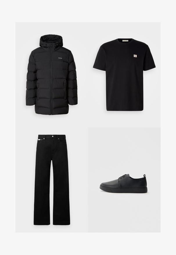 Fekete pehelydzseki, cipzárral elöl, húzózsinóros kapucnival, steppelt mintával és márkás logóval a bal mellrészen. Oldal zsebekkel rendelkezik.; Fekete pamut póló rövid ujjal, kerek nyakkivágással, és egy kis hímzett logóval a bal oldali mellrészén. Sima tapintású, normál szabású.; Fekete farmernadrág széles szabással, öt zsebbel és fém gombos díszítéssel. Sima felület, látható minták nélkül.; Fekete bőr sportcipő sima felülettel, lekerekített orral, azonos színű varrással, fűzős elülső résszel és lapos gumitalppal. Hurok a sarkán.