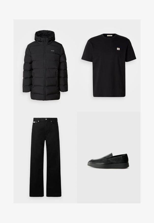 Čierna prešívaná bunda s predným zipsom, kapucňou na šnúrku, prešívaným vzorom a značkovým logom na ľavej hrudi. Obsahuje bočné vrecká.; Čierne bavlnené tričko s krátkymi rukávmi, okrúhlym výstrihom a malým vyšitým logom na ľavej hrudi. Hladká textúra, štandardný strih.; Čierne džínsy s širokými nohavicami, obsahujúce päť vreciek a kovové zapínanie. Hladká textúra, bez viditeľných vzorov.; Calvin Klein HYBRID CUP - Našuchovačky - triple black