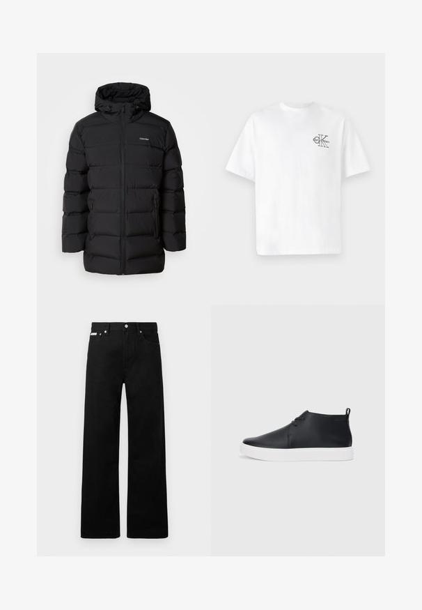 Must mustaga koos tõmblukuga esiosas, reguleeritava kapuutsiga, tikandmustriga ja brändi logoga vasakul rinnal. Omab küljetaskuid.; Valge puuvillane T-särk lühikeste varrukatega, ümmarguse kaelusega, mille vasakul rinnal on must CK logo, tavaprofiil, sile tekstuur.; Mustadest denimist püksid laiade jalgadega, viie tasku ja metallist nööpidega. Sile tekstuur, nähtavad mustrid puuduvad.; Mustmust mustatooted, millel on sile nahk, valge kummist tald ja lihtne nööridega kinnitamine. Tagaküljel on tõmbeosadega.