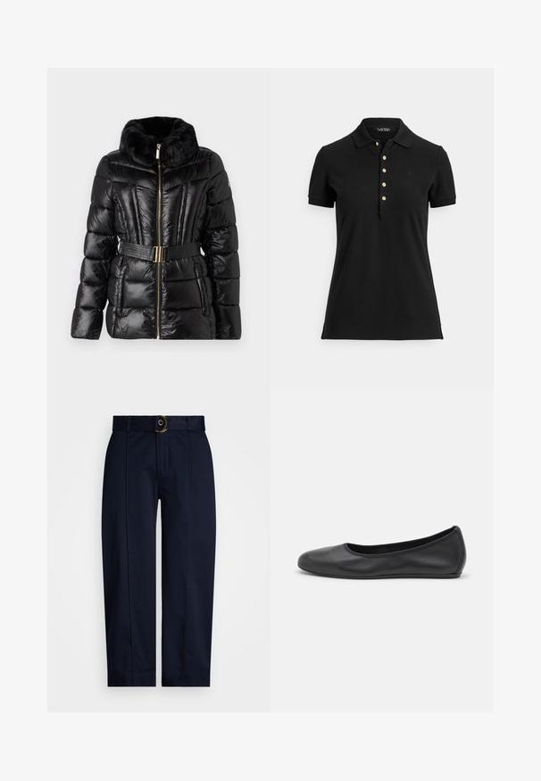 MICHAEL Michael Kors PACKABLE JACKET - Vinterjakke - black; Svart polo-skjorte laget av strukturert stoff, med krage, korte ermer og knappestolpe med gullknapper. Diskret logodetalj på brystet.; Marine bukser med vævet talje og en guldring spænde, med en lige ben-udskæring og pressefurer langs fronten.; Svart skinnballettflatt med rund tå, glatt tekstur, minimal sømdetalj, og et fleksibelt såledesign.