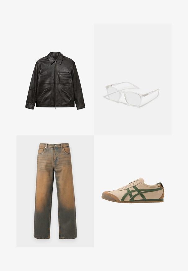 Black leather jacket with front zipper, classic collar, and three zippered pockets, shown flat on white background.; Olive green knitted sweater with a crew neck, long sleeves, and ribbed cuffs. Soft texture and relaxed fit, with a waistband slightly cropped.; Wide-leg jeans in distressed blue and brown denim. Features a high waist, front pockets, and a classic button closure with metallic accents.; Beige leather sneaker with green accents, featuring a rounded toe, flat sole, and suede detailing on the toe cap and heel.; CHPO ZEBBE UNISEX - Blue light glasses - transperent