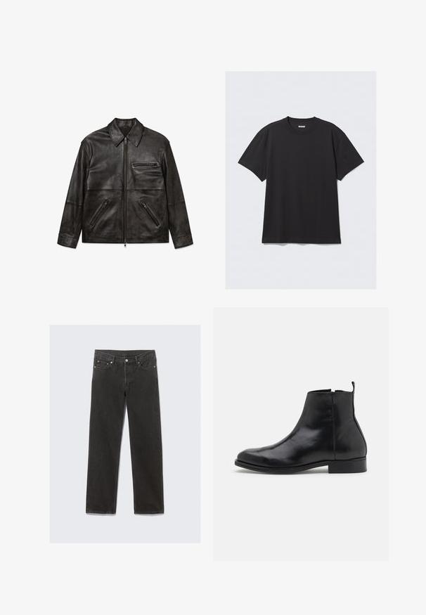 Jaqueta de couro preto com zíper frontal, gola clássica e três bolsos com zíper, exibida de forma plana sobre fundo branco.; T-shirt preta de manga curta feita de algodão. Apresenta um decote redondo e um corte descontraído. Design simples, sem padrões ou detalhes visíveis.; Jeans de denim pretos de perna reta com um design clássico de cinco bolsos, apresentando costura laranja e fecho com zíper.; Zign LEATHER - Botas clássicas de cano curto - black