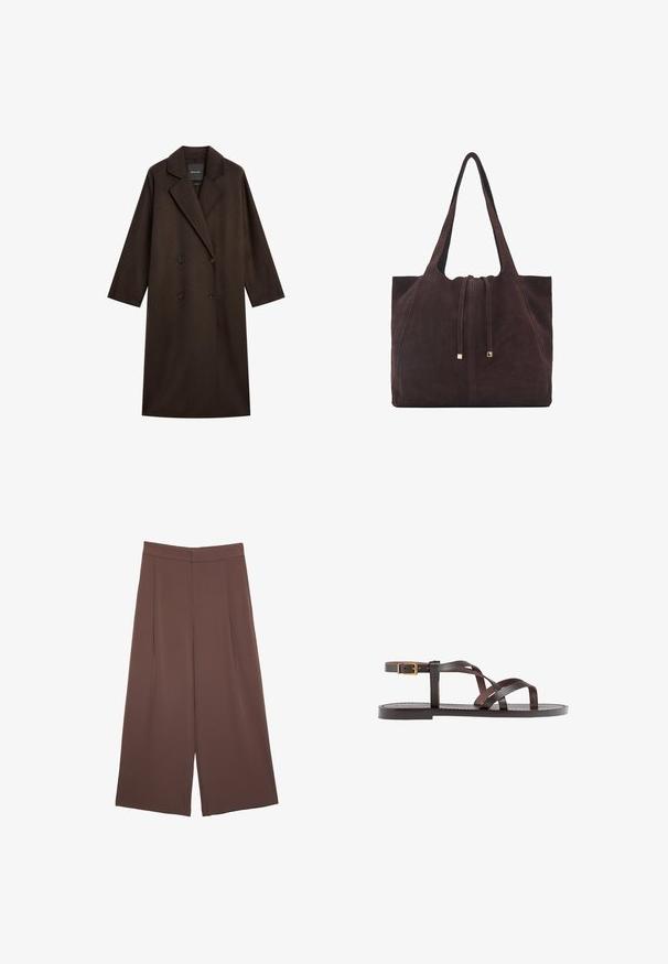 Brun lång kappa med dubbelknäppt framsida, stora slag och överdimensionerade ärmar. Tillverkad av texturerat tyg och har två svarta knappar.; Brun stickad tröja med hög krage, långa ärmar och matchande midjesnodd. Mjuk textur och avslappnad passform.; Bruna vida byxor med en slät textur, som har hög midja och framfickor. Tyget är lätt och flödar löst.; Bruna lädersandaler med korsade remmar, spänne runt vristen och en platt sula med minimala sömnadsdetaljer.; Mango Shoppingväska - dark brown