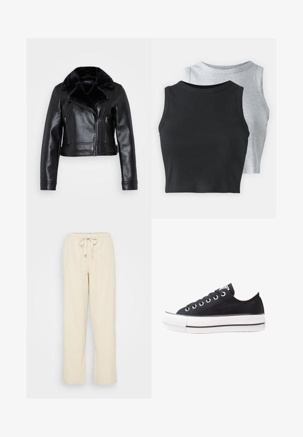 Vero Moda Petite VMHAILEY COATED JACKET - Casaco de pele sintética - black; Even&Odd Petite 2 PACK - Top - light grey/black; Even&Odd Petite Calças - beige; Sapatilha preta de lona com sola de borracha branca, bico redondo, design de cano baixo, ilhós de metal e bico texturizado. Tira preta fina ao longo da sola.