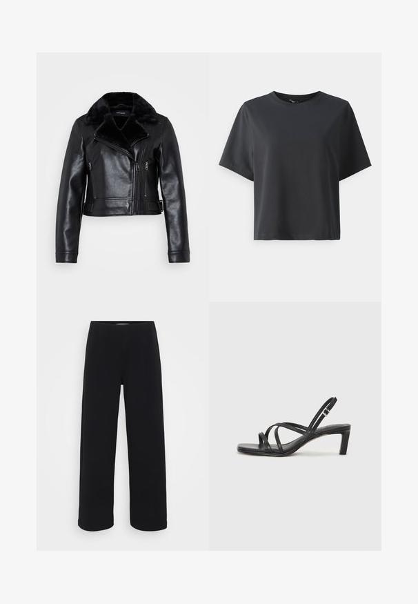 Vero Moda Petite VMHAILEY COATED JACKET - Veste en similicuir - black; T-shirt en coton noir, à manches courtes, col ras du cou, coupe décontractée, texture lisse, design simple, sans motifs ni accents.; Pantalons larges noirs avec une taille élastique. Fabriqués à partir d'un matériau texturé, ils présentent une coupe ample et droite des hanches à l'ourlet.; Sandale noire à lanières avec un bout carré et un petit talon bloc. Elle présente plusieurs fines lanières et une sangle de cheville ajustable. Fabriquée en cuir lisse.