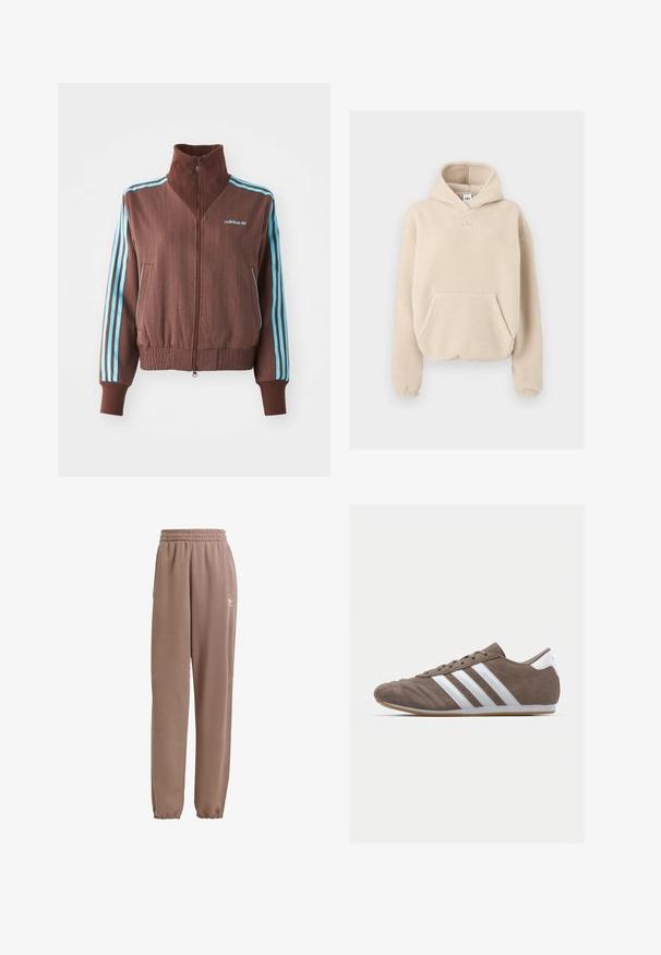 Jachetă maro cu fermoar, cu o textură nervurată, având accente turquoise cu trei dungi pe umeri și mâneci, și un logo brodat.; Hanorac din polar bej, cu o pungă frontală, glugă cu șnur și un mic logo embosat pe piept. Textură moale și croială lejeră.; Pantaloni de trening maro, confecționați dintr-un material moale, având o talie elastică, buzunare laterale și manșete elastice, cu un accent de logo alb.; Pantof pentru sport din suede maro, cu dungi albe, vârf rotund, design cu șireturi și talpă din cauciuc natural. Suprafață texturată cu detalii de cusătură.