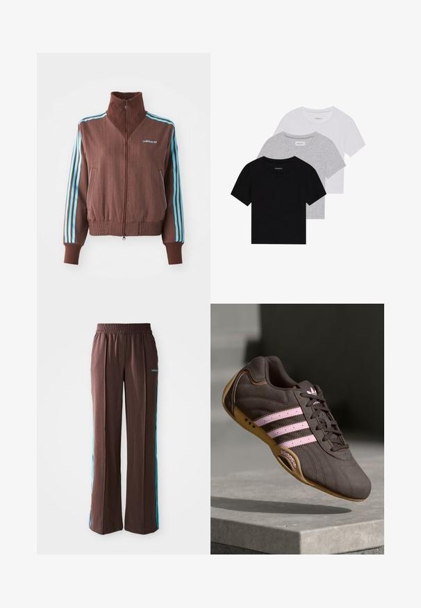 Bruine zip-up jas met een geribbelde textuur, voorzien van turquoise drie-strepen accenten op de schouders en mouwen, en een geborduurd logo.; Set van drie korte mouwen t-shirts in zwart, grijs en wit. Gemaakt van katoen, met een ronde hals en een eenvoudig, effen kleurontwerp.; Bruine sportbroek met een ribbelstructuur, elastische tailleband en turquoise zijstrepen. Voorzien van het adidas-logo aan de voorkant.; Bruine suède sport schoen met roze strepen en logo, voorzien van een gestructureerde bovenkant, vetersluiting en een gumrubberen zool.