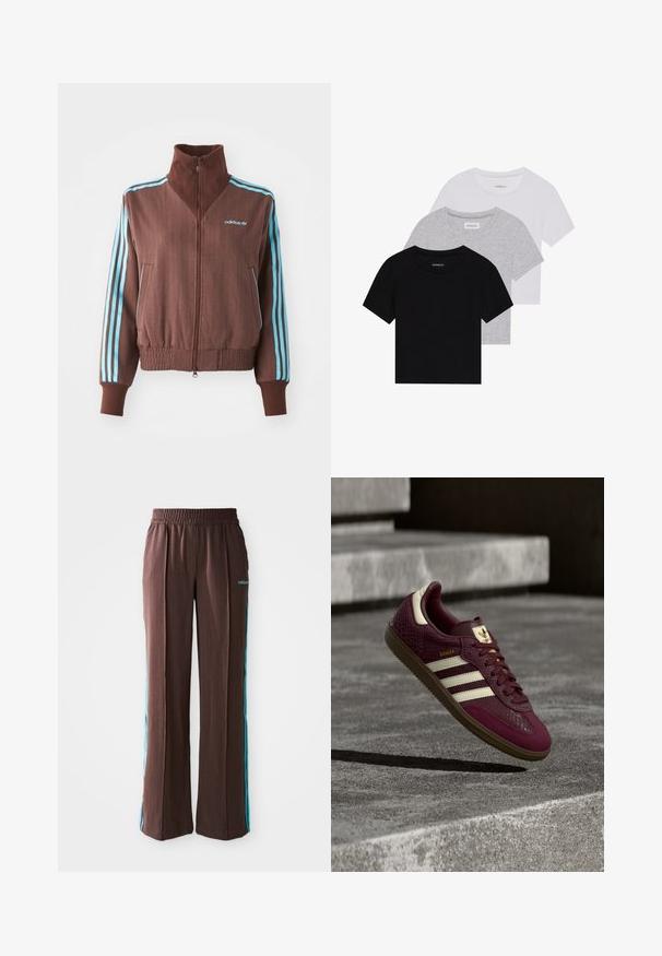 Barna cipzáras dzseki bordázott textúrával, türkiz színű háromcsíkos díszítéssel a vállakon és ujjakon, valamint hímzett logóval.; Három rövidujjú póló készlet fekete, szürke és fehér színben. Pamutból készült, kerek nyakú, egyszerű, egyszínű dizájnnal.; Barna sportnadrág bordázott textúrával, rugalmas derékpánttal és türkiz oldalsávokkal. Az elején az adidas logóval rendelkezik.; Bordó sportcipő texturált bőrrel, három fehér csíkkal és arany díszítéssel. Gumi talp, klasszikus Samba dizájn, légáteresztő hálós részletekkel.