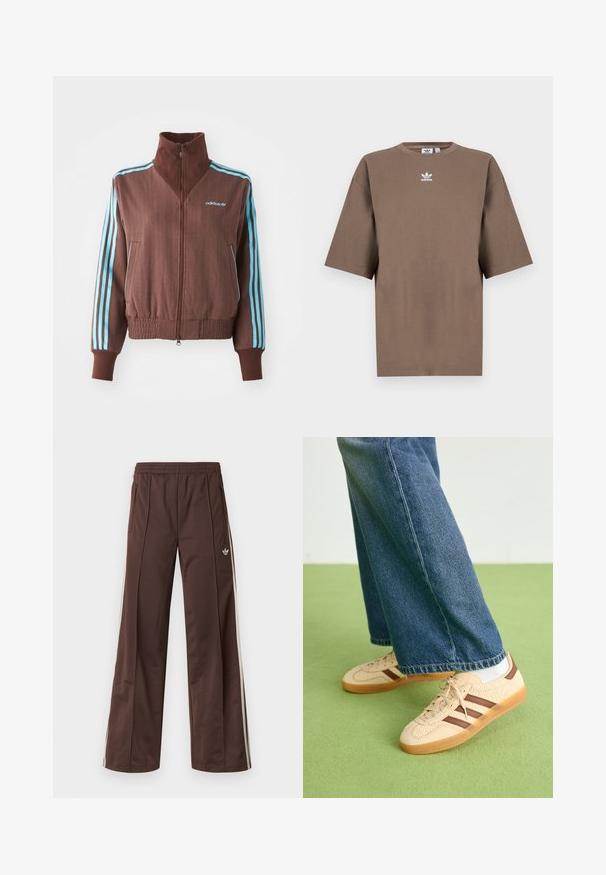 Brūns jaku ar pievilkšanas rāvējslēdzēju, ar ribu tekstūru, kam ir tirkīza trīs svītru akcenti uz pleciem un piedurknēm, kā arī izšūta logo.; Brūna kokvilnas T-krekls īsām piedurknēm, apaļa kakla izgriezums, ar baltu Adidas logo centrā krūtīs, ar vienkāršu dizainu un brīvu piegriezumu.; Brūnas sporta bikses ar platu kāju dizainu, baltām sānu svītrām, elastīgu jostasvietu un divām sānu kabatām. Uz kājas ir mazs logotips.; Beidzīgi krēmbalti sporta apavi ar tekstūru un brūnā svītra, apvienoti ar zilu džinsu biksēm. Džinsus raksturo plata kāja un saplēsts apakšmalas dizains.