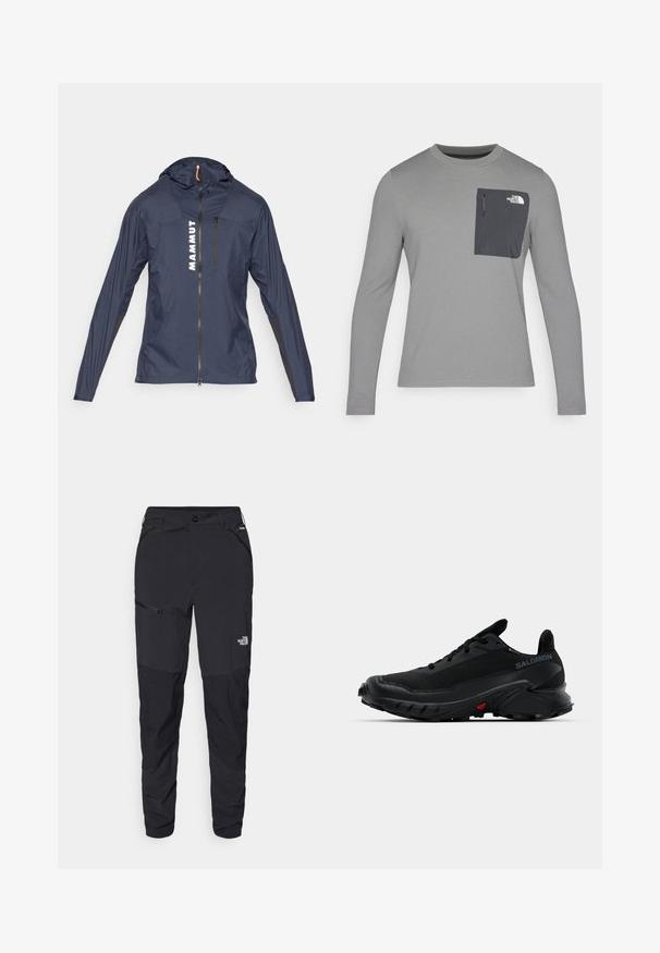 Marinblå lättviktsjacka med dragkedja framtill och huva, med vit "MAMMUT" text och svarta detaljer på ärmarna och sidorna.; Långärmad grå skjorta i texturerad tyg, med en mörkgrå bröstficka och dragkedjestängning. Logotyp på fickan i vitt.; Svarta utomhusbyxor med tapered fit, tillverkade av hållbart material. Har fickor med dragkedja och subtil logotyp på framsidan av benet.; Svarta träningsskor med en texturerad ovandel, rund tå och framträdande gummisula. Har en logotyp på sidan och röda detaljer på sulan.